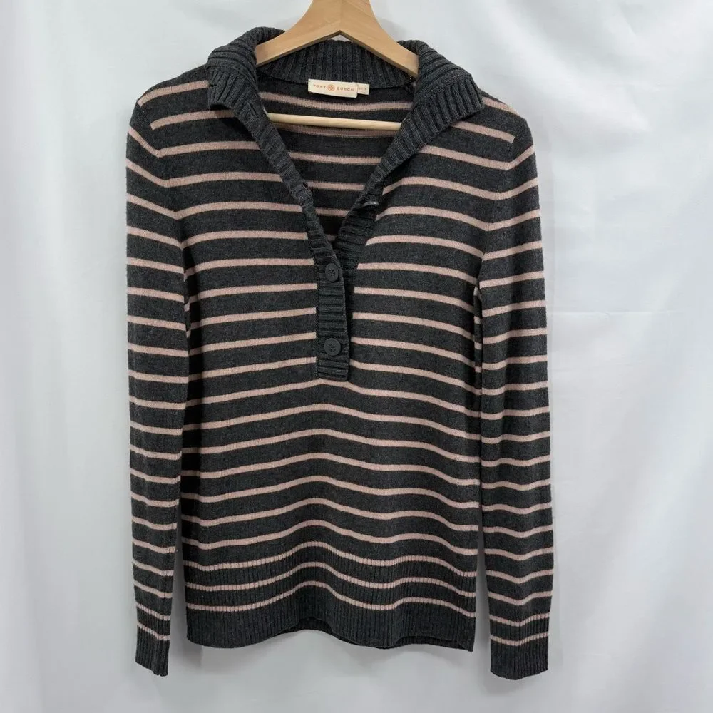 Tory Burch Giselle Cashmere Blend Quarter Button Collared Striped Sweater | XS